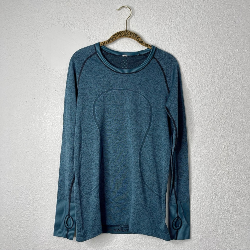 LULULEMON Desert Teal Black Swiftly Tech Long Sleeve Crew Size 10